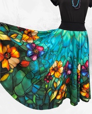 Dámská dlouhá kolová úpletová sukně, květy na zelené, vel L,XL